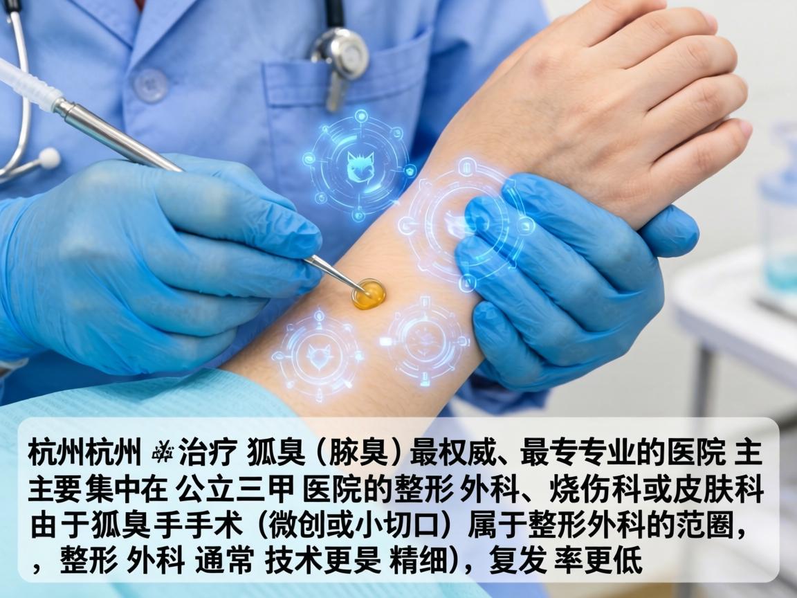 在杭州，治疗狐臭（腋臭）最权威、最专业的医院主要集中在公立三甲医院的整形外科、烧伤科或皮肤科。由于狐臭手术（微创或小切口）属于整形外科的范畴，整形外科通常技术更精细，复发率更低