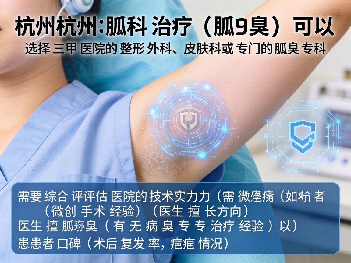 在杭州，治疗狐臭（腋臭）可以选择三甲医院的整形外科、皮肤科或专门的腋臭专科。需要综合评估医院的技术实力（如微创手术经验）医生擅长方向（如有无腋臭专病治疗经验）以及患者口碑（术后复发率和疤痕情况）