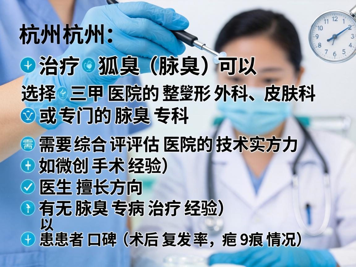 在杭州，治疗狐臭（腋臭）可以选择三甲医院的整形外科、皮肤科或专门的腋臭专科。需要综合评估医院的技术实力（如微创手术经验）医生擅长方向（如有无腋臭专病治疗经验）以及患者口碑（术后复发率和疤痕情况）