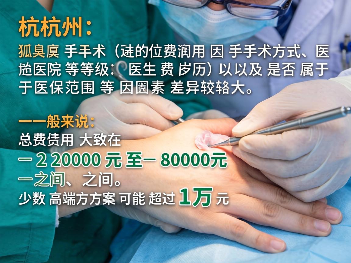 在杭州，腋臭手术（狐臭手术）的费用因手术方式、医院等级、医生资历以及是否属于医保范围等因素差异较大。一般来说，总费用大致在 2000元 至 8000元 之间，少数高端方案可能超过1万元