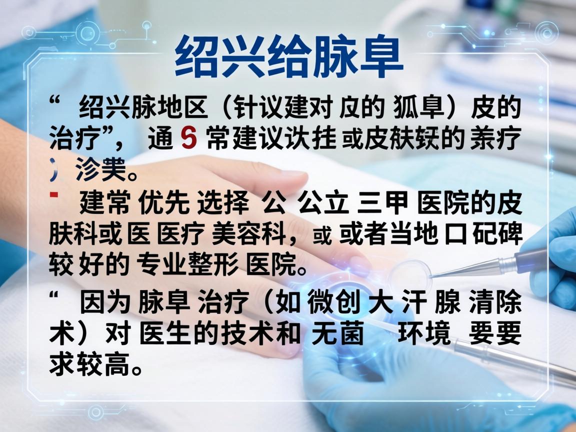 在绍兴地区，针对腋臭（狐臭）的治疗，通常建议优先选择公立三甲医院的皮肤科或医疗美容科，或者当地口碑较好的专业整形医院。因为腋臭治疗（如微创大汗腺清除术）对医生的技术和无菌环境要求较高
