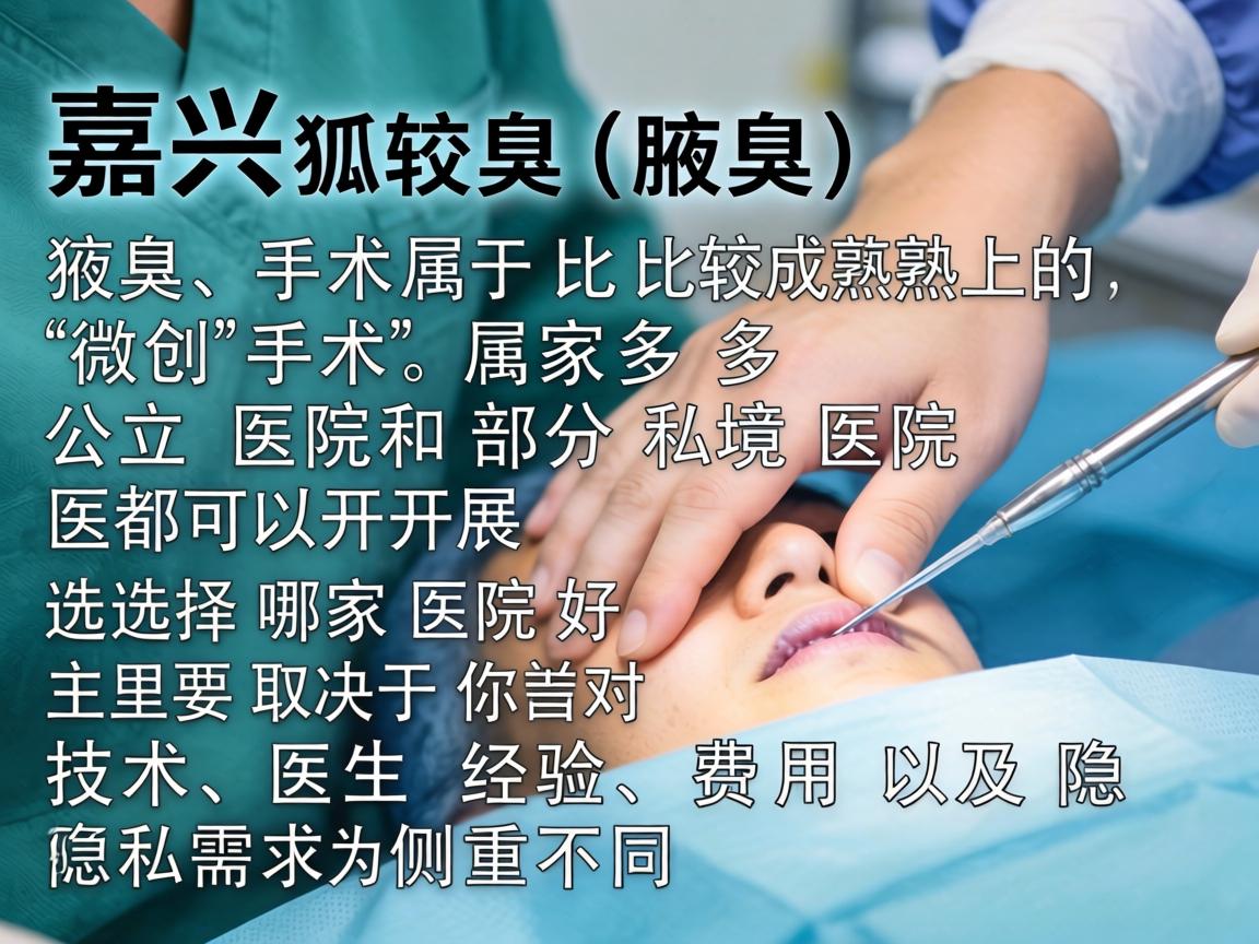在嘉兴，狐臭（腋臭）手术属于比较成熟的微创手术，多家公立医院和部分私立医院都可以开展。选择哪家医院好，主要取决于你对技术、医生经验、费用以及隐私需求的侧重不同