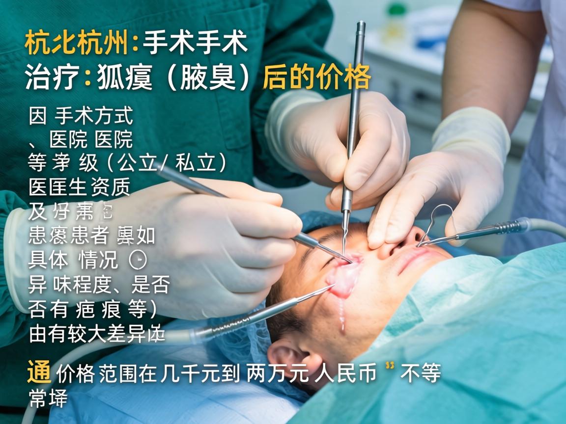 在杭州，手术治疗狐臭（腋臭）的价格因手术方式、医院等级（公立/私立）医生资质及患者具体情况（如异味程度、是否有疤痕等）而有较大差异。通常价格范围在 几千元到两万元人民币 不等