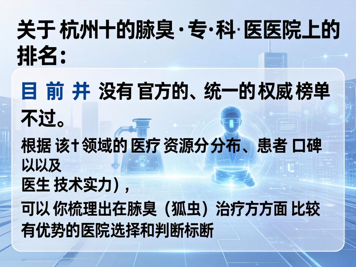 关于杭州腋臭专科医院的排名，目前并没有官方的、统一的权威榜单。不过，根据该领域的医疗资源分布、患者口碑以及医生技术实力，可以为你梳理出在腋臭（狐臭）治疗方面比较有优势的医院选择和判断标准
