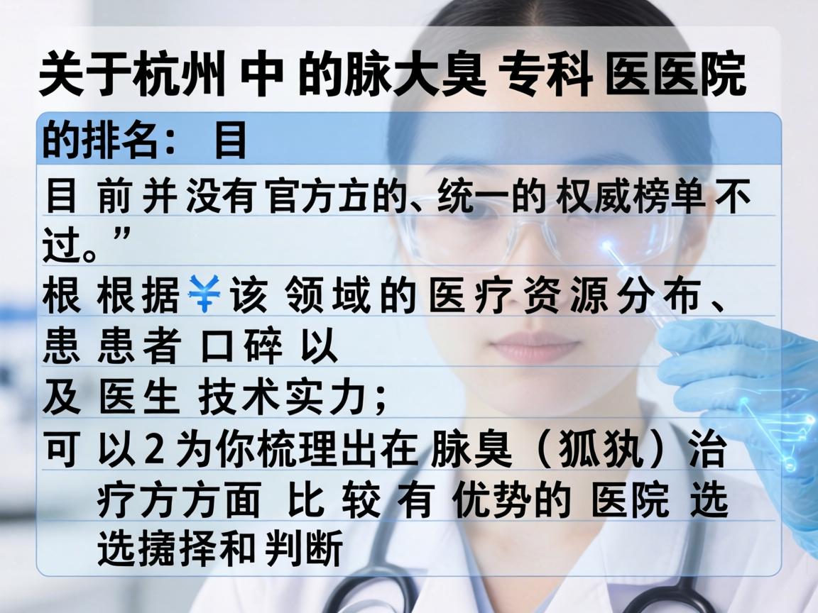 关于杭州腋臭专科医院的排名，目前并没有官方的、统一的权威榜单。不过，根据该领域的医疗资源分布、患者口碑以及医生技术实力，可以为你梳理出在腋臭（狐臭）治疗方面比较有优势的医院选择和判断标准