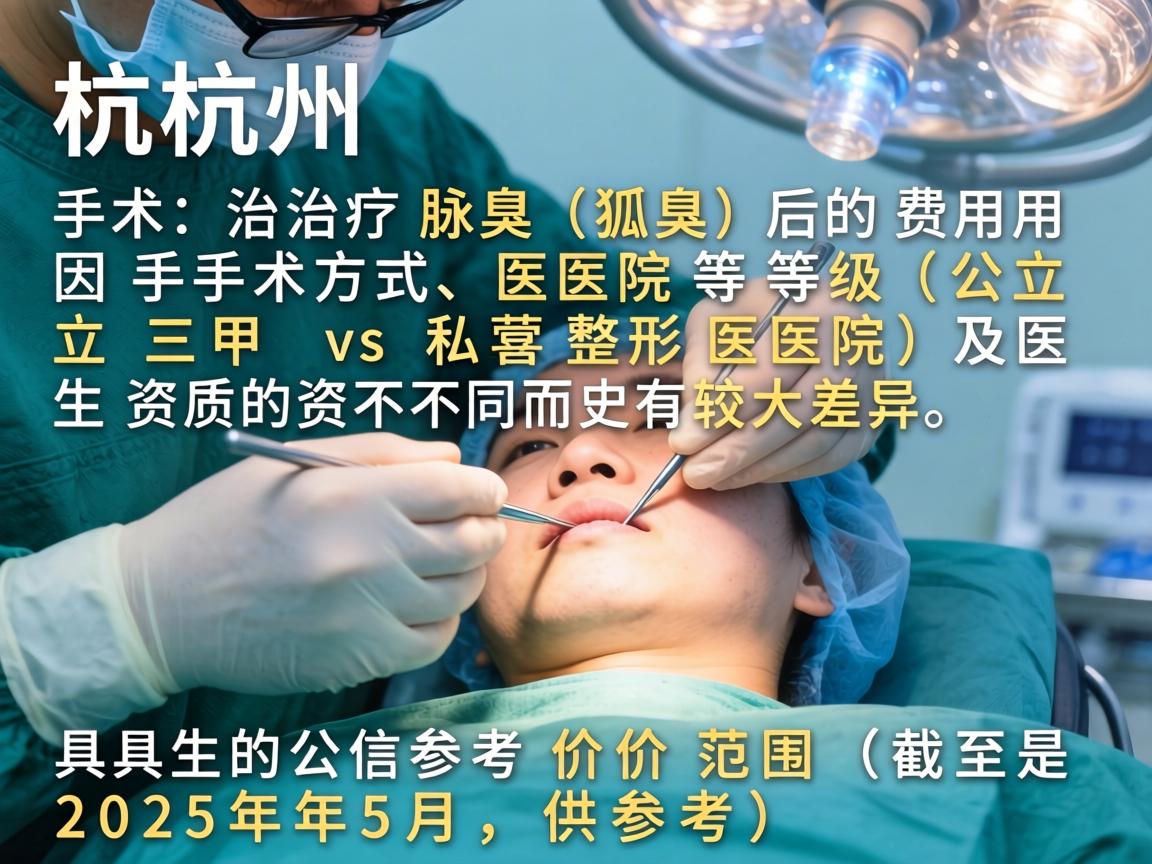 在杭州,手术治疗腋臭(狐臭)的费用因手术方式、医院等级(公立三甲 vs 私立整形医院)及医生资质的不同而有较大差异。以下是具体的参考价格范围(截至2025年5月,供参考) 在杭州,手术治疗腋臭(狐臭)的费用因手术方式、医院等级(公立三甲 vs 私立整形医院)及医生资质的不同而有较大差异。以下是具体的参考价格范围(截至2025年5月,供参考)