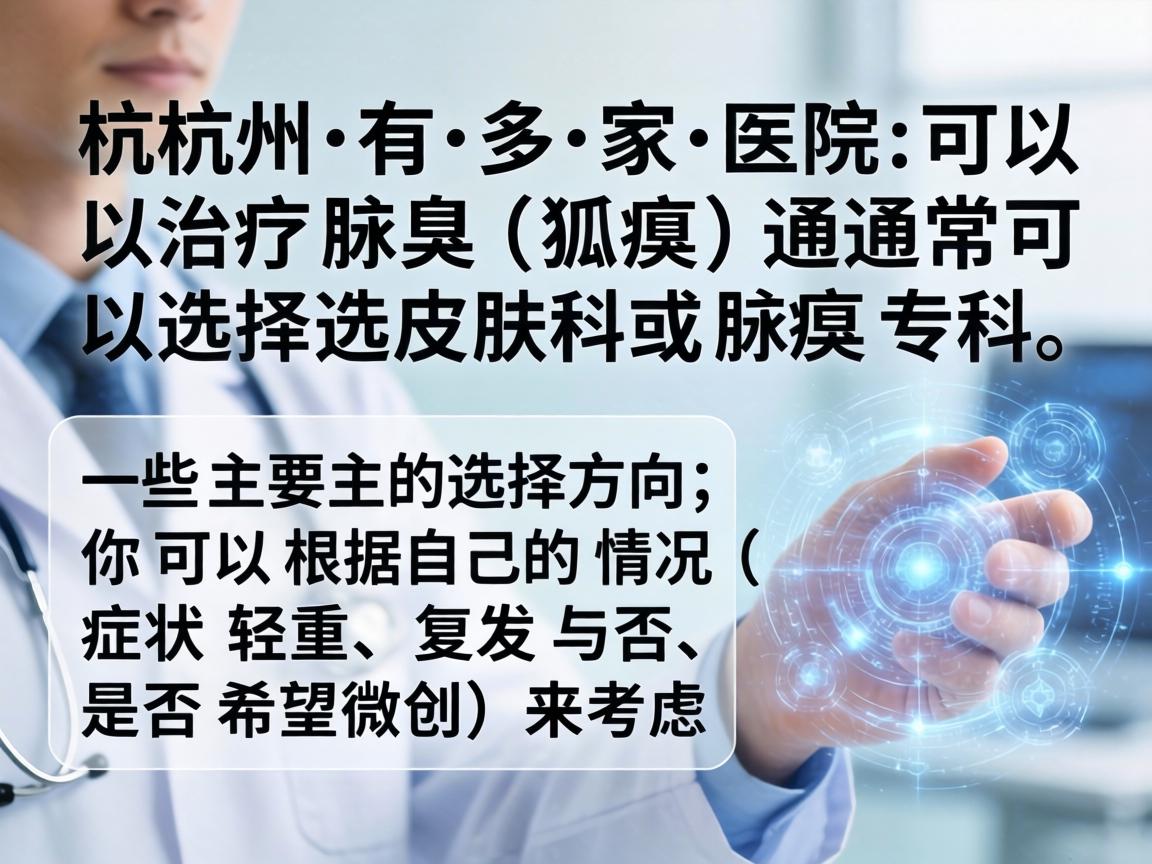 杭州有多家医院可以治疗腋臭（狐臭）通常可以选择皮肤科或腋臭专科。以下是一些主要的选择方向，你可以根据自己的情况（如症状轻重、复发与否、是否希望微创）来考虑