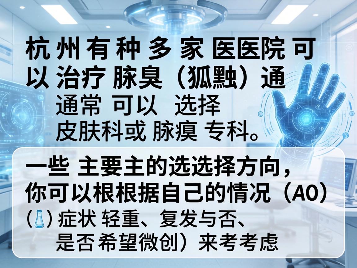杭州有多家医院可以治疗腋臭（狐臭）通常可以选择皮肤科或腋臭专科。以下是一些主要的选择方向，你可以根据自己的情况（如症状轻重、复发与否、是否希望微创）来考虑
