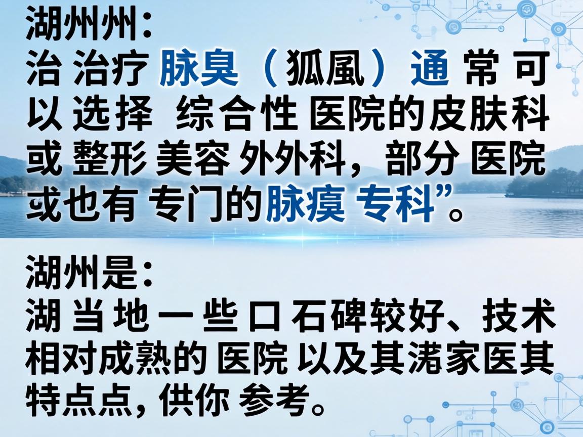 在湖州地区，治疗腋臭（狐臭）通常可以选择综合性医院的皮肤科或整形美容外科，部分医院也有专门的腋臭专科。以下是湖州当地一些口碑较好、技术相对成熟的医院及其特点，供你参考