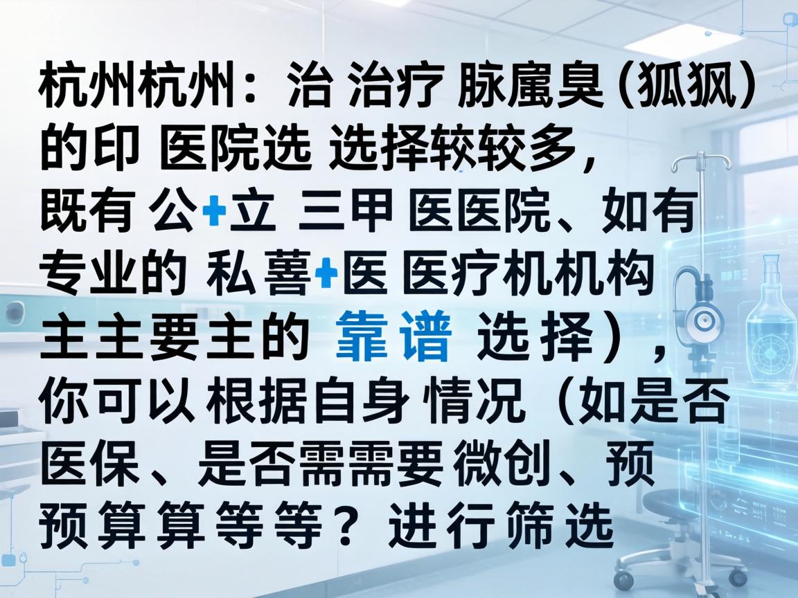 在杭州，治疗腋臭（狐臭）的医院选择较多，既有公立三甲医院，也有专业的私立医疗机构。以下是主要的靠谱选择，你可以根据自身情况（如是否医保、是否需要微创、预算等）进行筛选