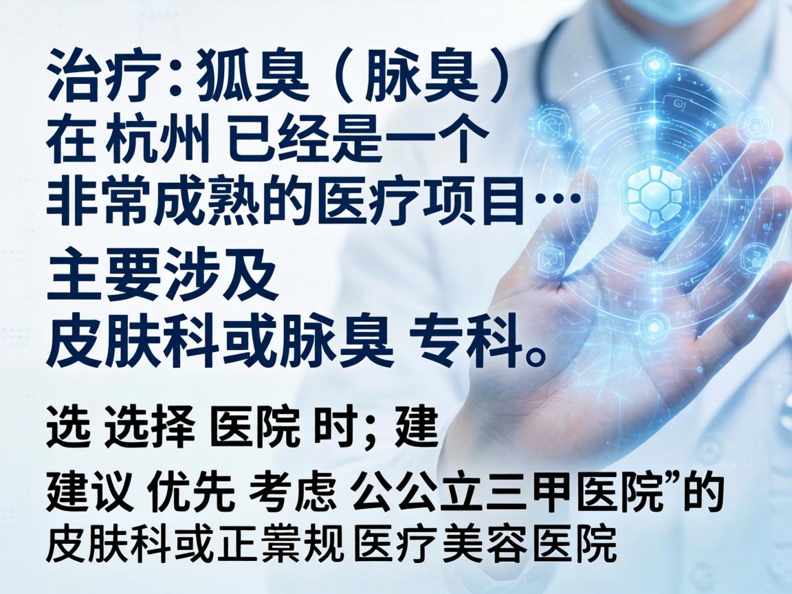 治疗狐臭（腋臭）在杭州已经是一个非常成熟的医疗项目，主要涉及皮肤科或腋臭专科。选择医院时，建议优先考虑公立三甲医院的皮肤科或正规医疗美容医院