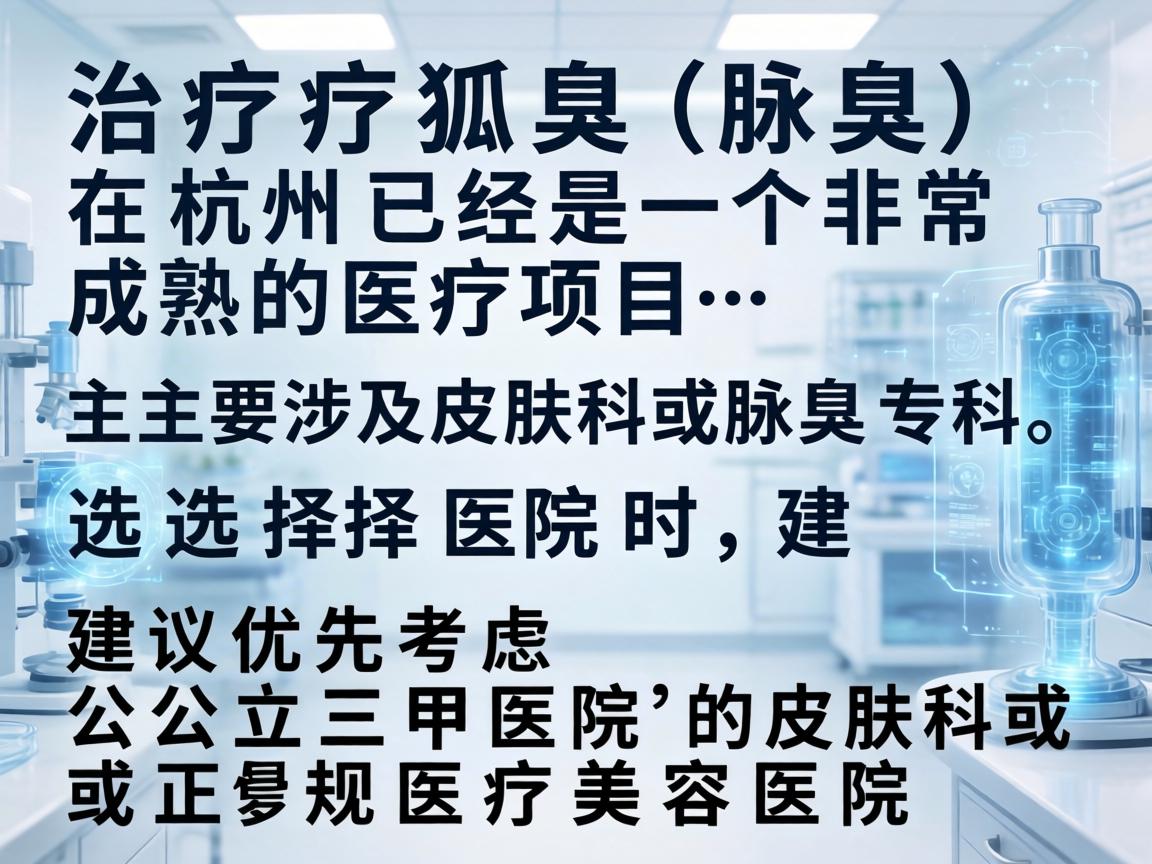 治疗狐臭（腋臭）在杭州已经是一个非常成熟的医疗项目，主要涉及皮肤科或腋臭专科。选择医院时，建议优先考虑公立三甲医院的皮肤科或正规医疗美容医院