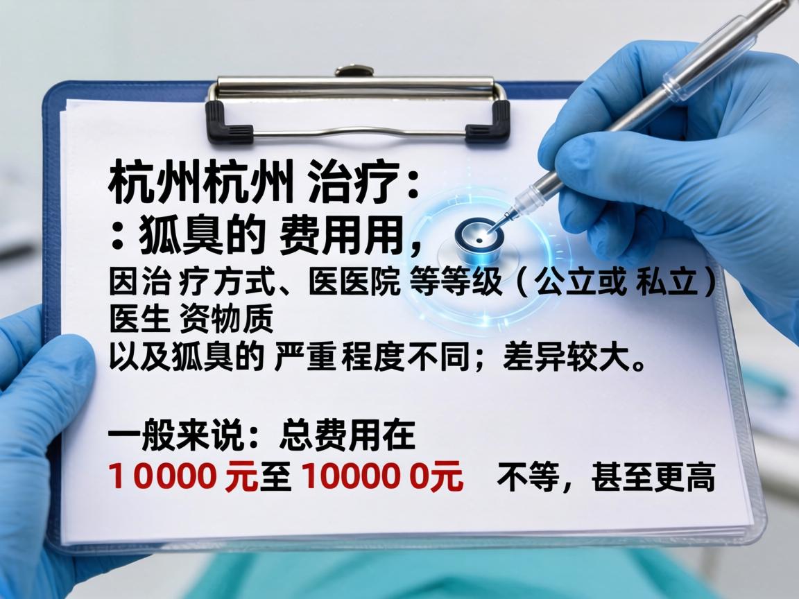 在杭州治疗狐臭的费用，因治疗方式、医院等级（公立或私立）医生资质以及狐臭的严重程度不同，差异较大。一般来说，总费用在 1000元至10000元 不等，甚至更高