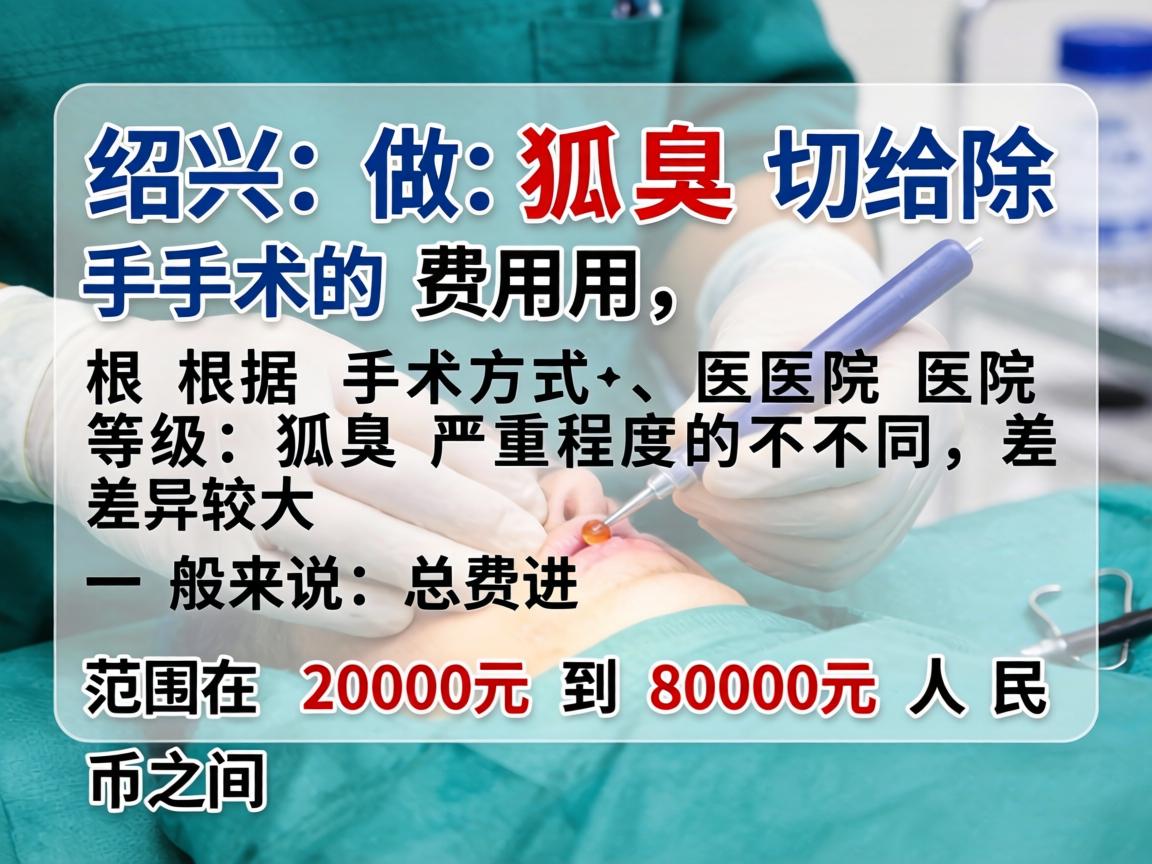 在绍兴做狐臭切除手术的费用，根据手术方式、医院等级和狐臭严重程度的不同，差异较大。一般来说，总费用范围在 2000元 到 8000元 人民币之间