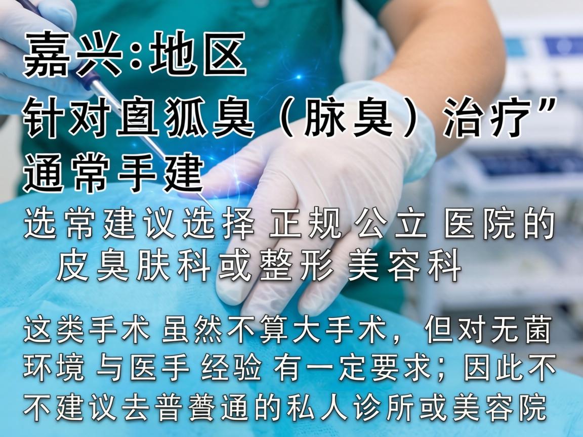 在嘉兴地区，针对狐臭（腋臭）的治疗，通常建议选择正规公立医院的皮肤科或整形美容科。这类手术虽然不算大手术，但对无菌环境和医生经验有一定要求，因此不建议去普通的私人诊所或美容院
