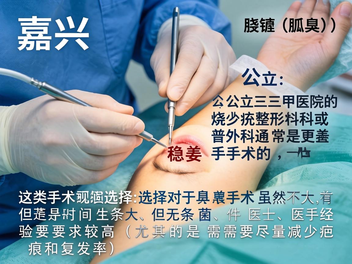 在嘉兴，对于狐臭（腋臭）手术，公立三甲医院的烧伤整形科或普外科通常是更稳妥的选择。这类手术虽然不大，但对无菌条件、医生经验要求较高（尤其是需要尽量减少疤痕和复发率）