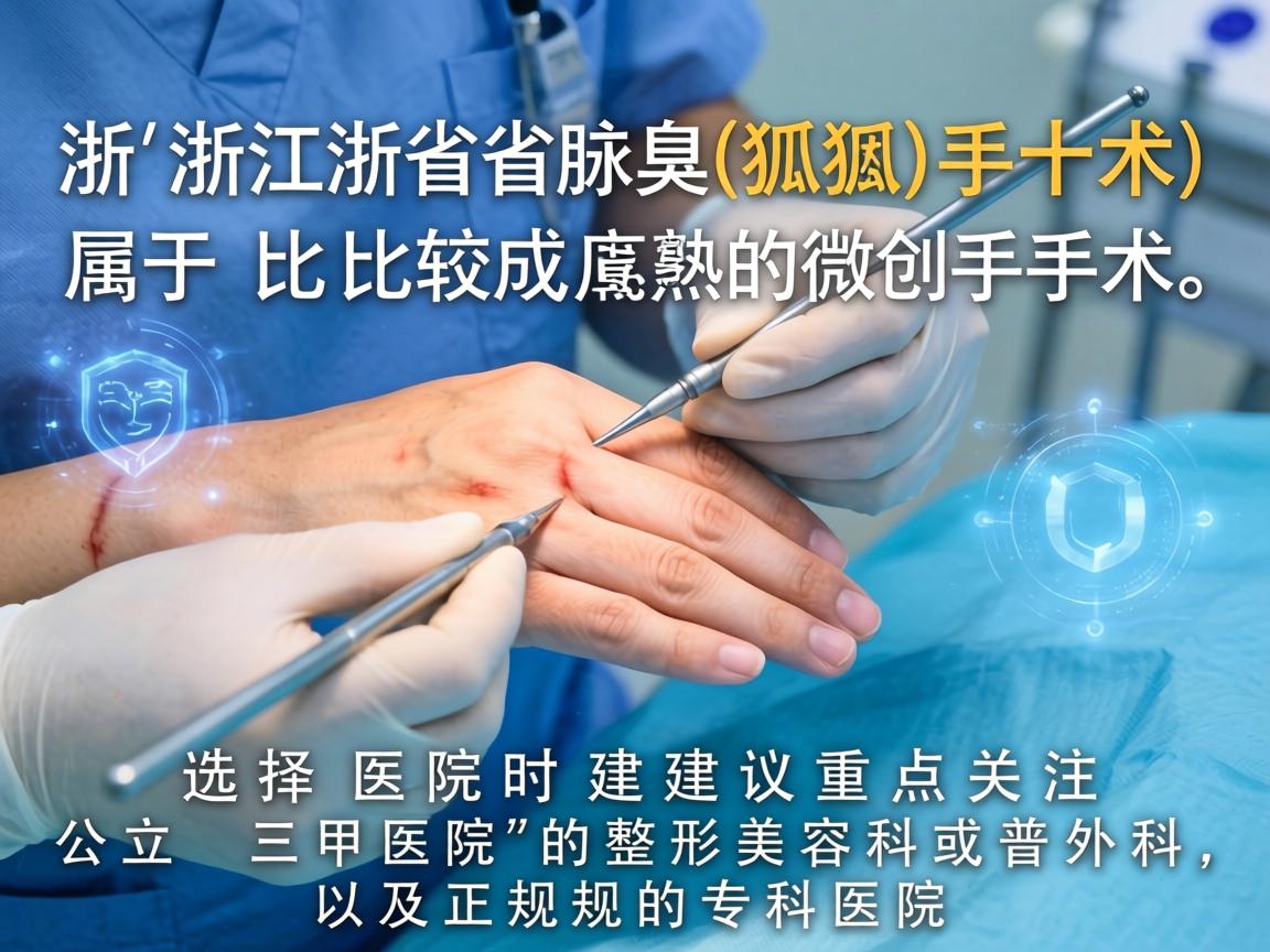 在浙江省，腋臭（狐臭）手术属于比较成熟的微创手术，选择医院时建议重点关注公立三甲医院的整形美容科或普外科，以及正规的专科医院