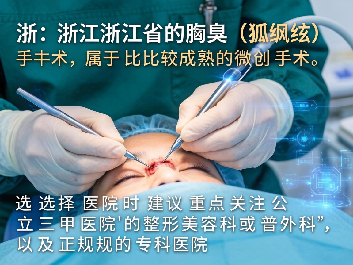 在浙江省，腋臭（狐臭）手术属于比较成熟的微创手术，选择医院时建议重点关注公立三甲医院的整形美容科或普外科，以及正规的专科医院