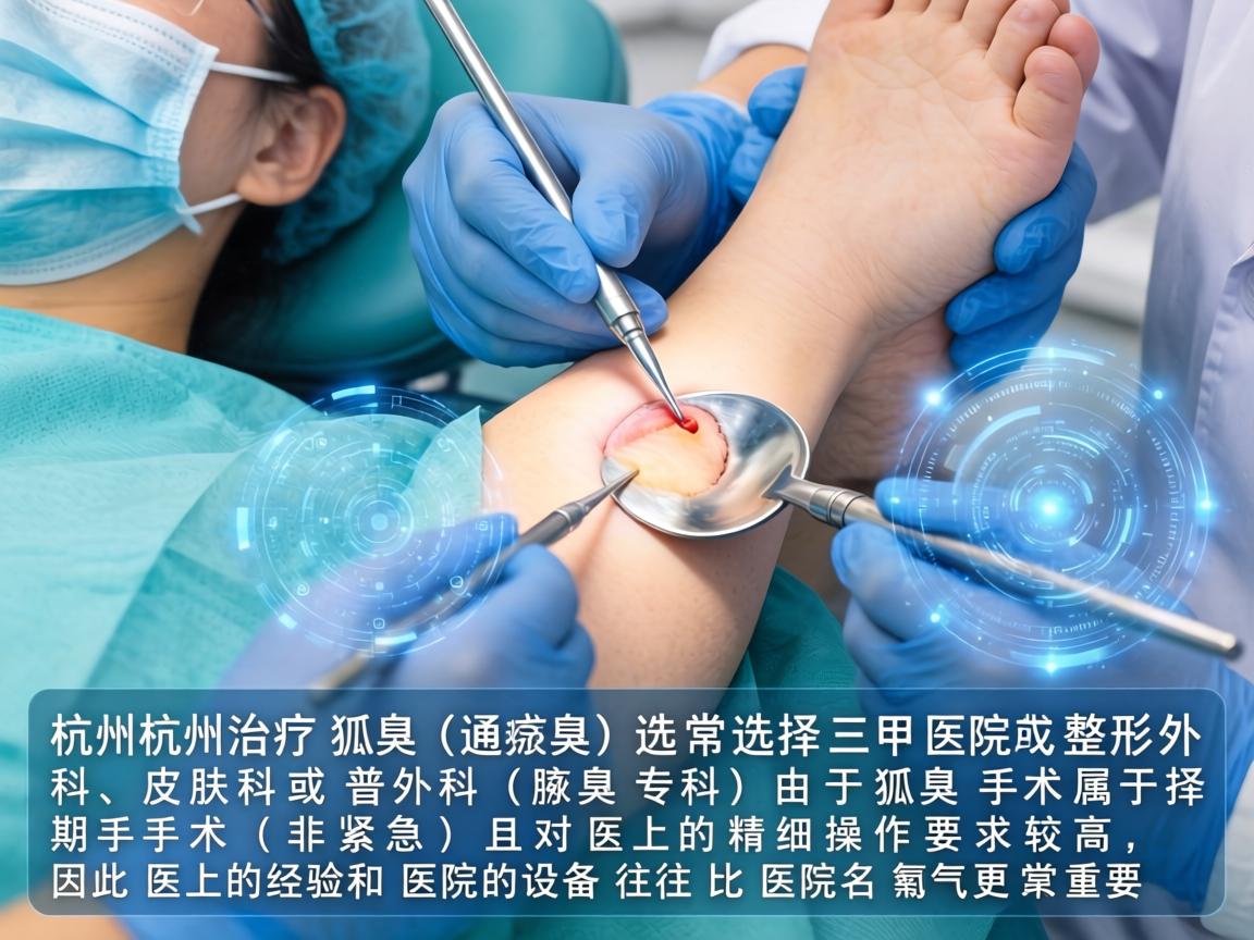 在杭州，治疗狐臭（腋臭）通常选择三甲医院的整形外科、皮肤科或普外科（腋臭专科）由于狐臭手术属于择期手术（非紧急）且对医生的精细操作要求较高，因此医生的经验和医院的设备往往比医院名气更重要