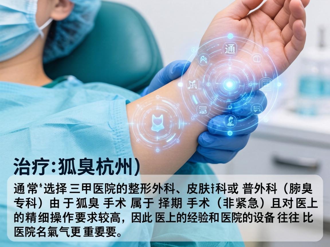 在杭州，治疗狐臭（腋臭）通常选择三甲医院的整形外科、皮肤科或普外科（腋臭专科）由于狐臭手术属于择期手术（非紧急）且对医生的精细操作要求较高，因此医生的经验和医院的设备往往比医院名气更重要