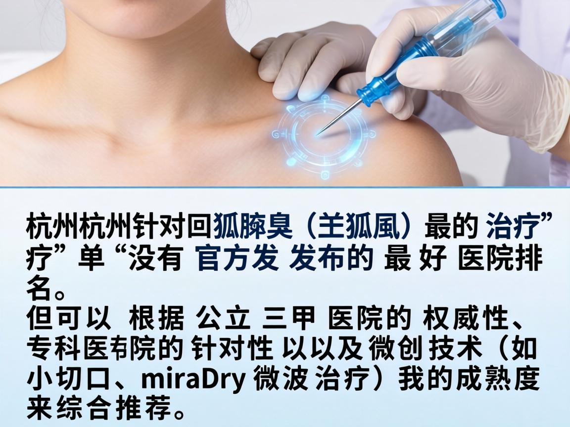 在杭州，针对腋臭（狐臭）的治疗，并没有官方发布的最好医院排名，但可以根据公立三甲医院的权威性、专科医院的针对性以及微创技术（如小切口、miraDry微波治疗）的成熟度来综合推荐