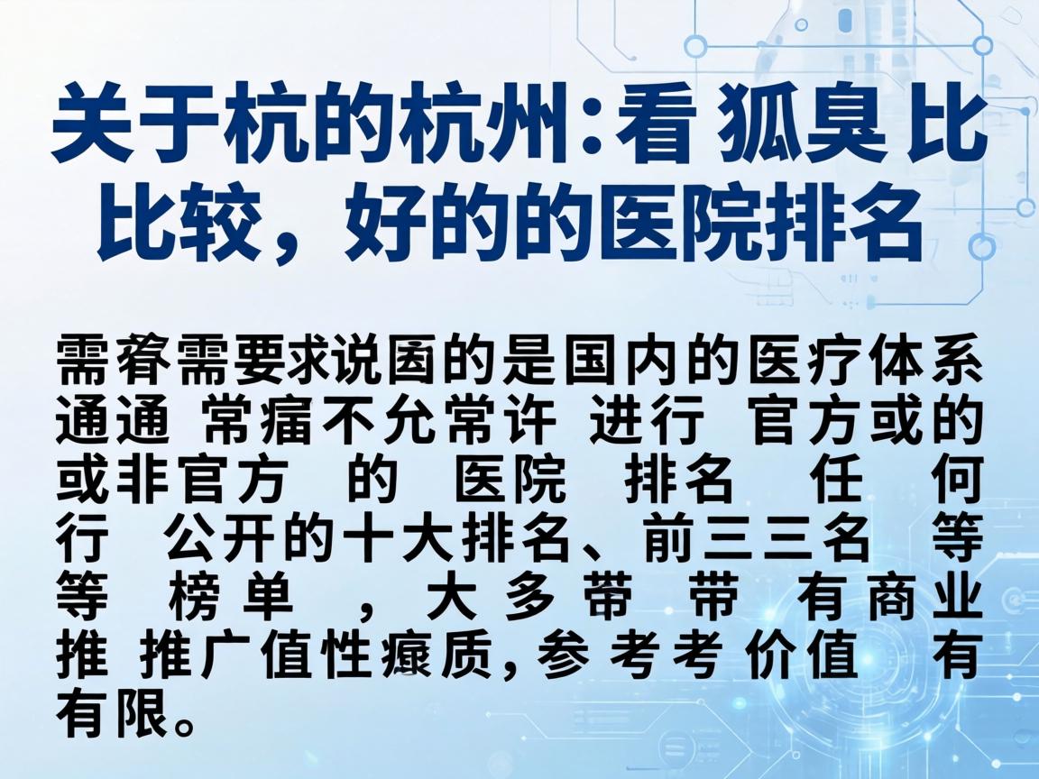 关于杭州看狐臭比较好的医院排名，需要说明的是，国内的医疗体系通常不允许进行官方或非官方的医院排名。任何公开的十大排名、前三名等榜单，大多带有商业推广性质，参考价值有限
