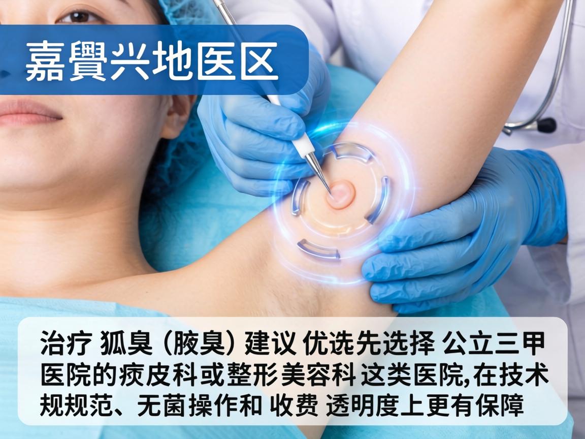在嘉兴地区，治疗狐臭（腋臭）建议优先选择公立三甲医院的皮肤科或整形美容科。这类医院在技术规范、无菌操作和收费透明度上更有保障
