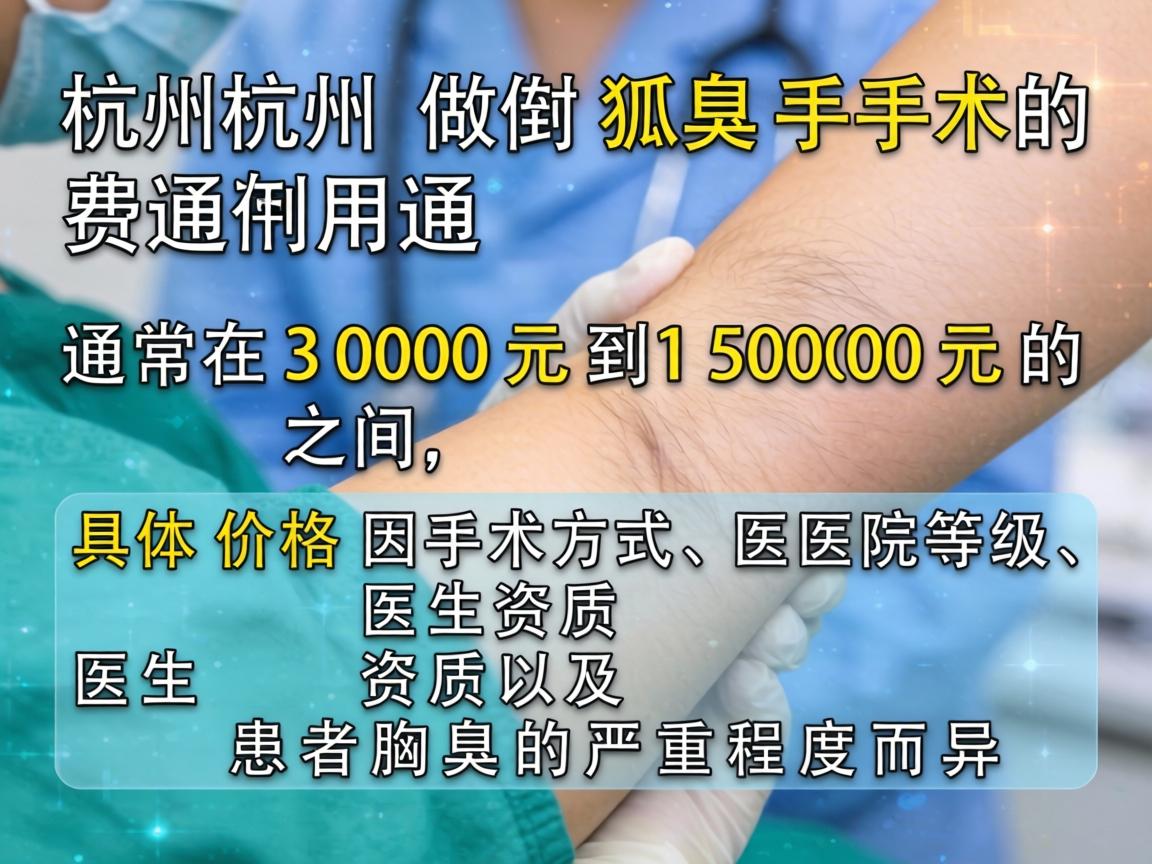 在杭州做狐臭手术的费用通常在 3000元到15000元 之间，具体价格因手术方式、医院等级、医生资质以及患者腋臭的严重程度而异
