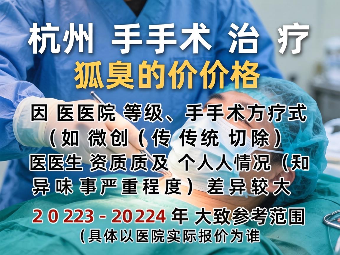 杭州手术治疗狐臭的价格因医院等级、手术方式（如微创、传统切除）医生资质及个人情况（如异味严重程度）差异较大。以下是2023-2024年的大致参考范围（具体以医院实际报价为准）