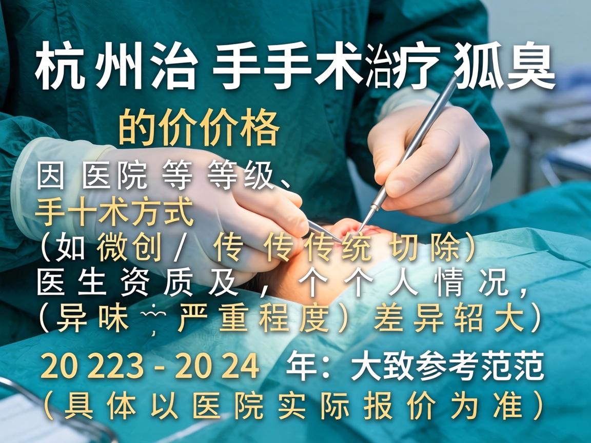 杭州手术治疗狐臭的价格因医院等级、手术方式（如微创、传统切除）医生资质及个人情况（如异味严重程度）差异较大。以下是2023-2024年的大致参考范围（具体以医院实际报价为准）