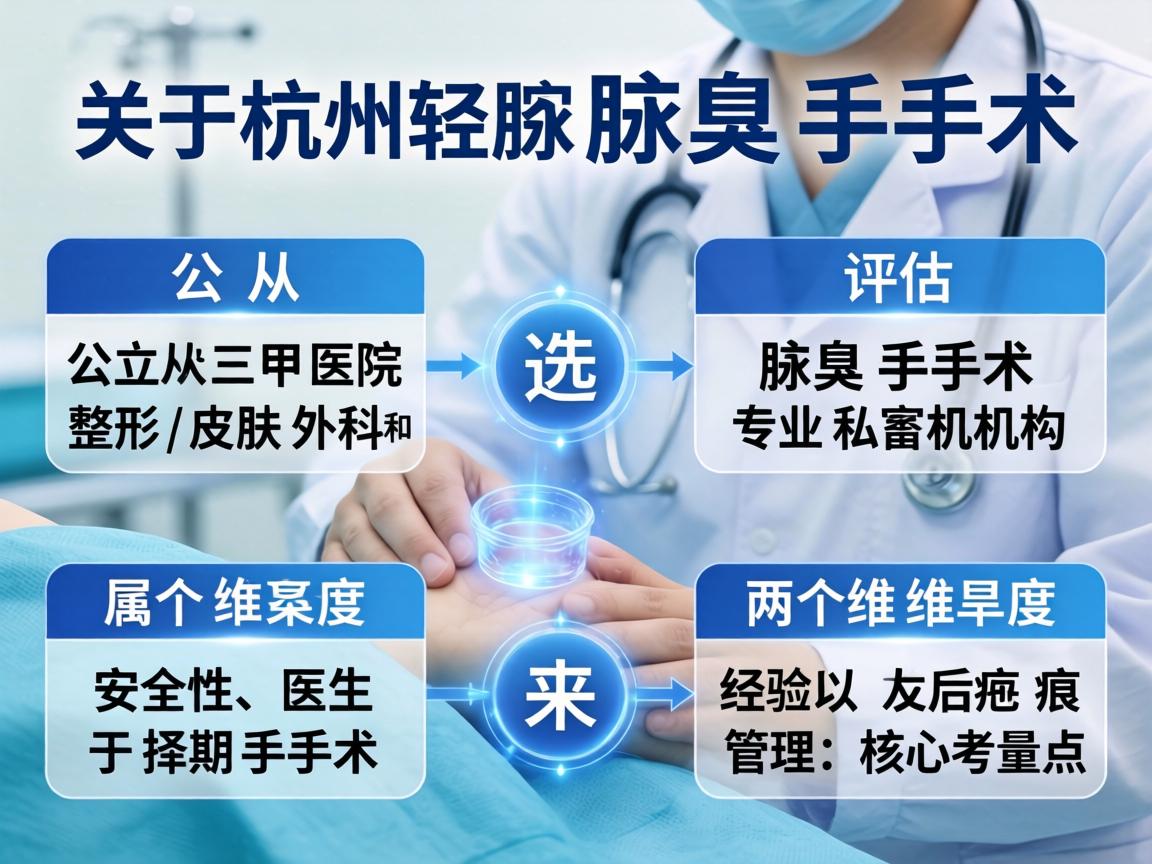 关于杭州腋臭手术的医院选择，需要从公立三甲医院的整形/皮肤外科和专业私立机构两个维度来评估。腋臭手术属于择期手术，安全性、医生经验以及术后疤痕管理是核心考量点