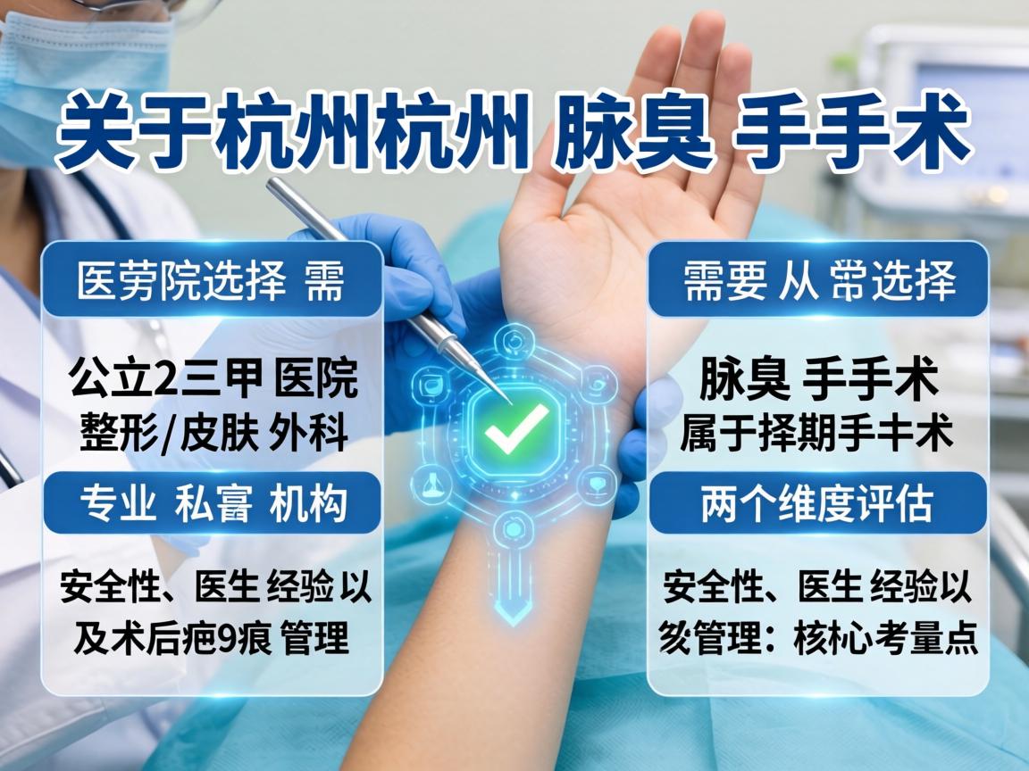 关于杭州腋臭手术的医院选择，需要从公立三甲医院的整形/皮肤外科和专业私立机构两个维度来评估。腋臭手术属于择期手术，安全性、医生经验以及术后疤痕管理是核心考量点
