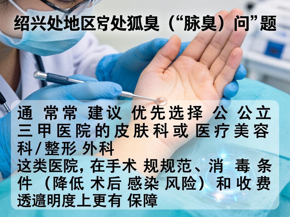在绍兴地区，处理狐臭（腋臭）问题，通常建议优先选择公立三甲医院的皮肤科或医疗美容科/整形外科。这类医院在手术规范、消毒条件（降低术后感染风险）和收费透明度上更有保障