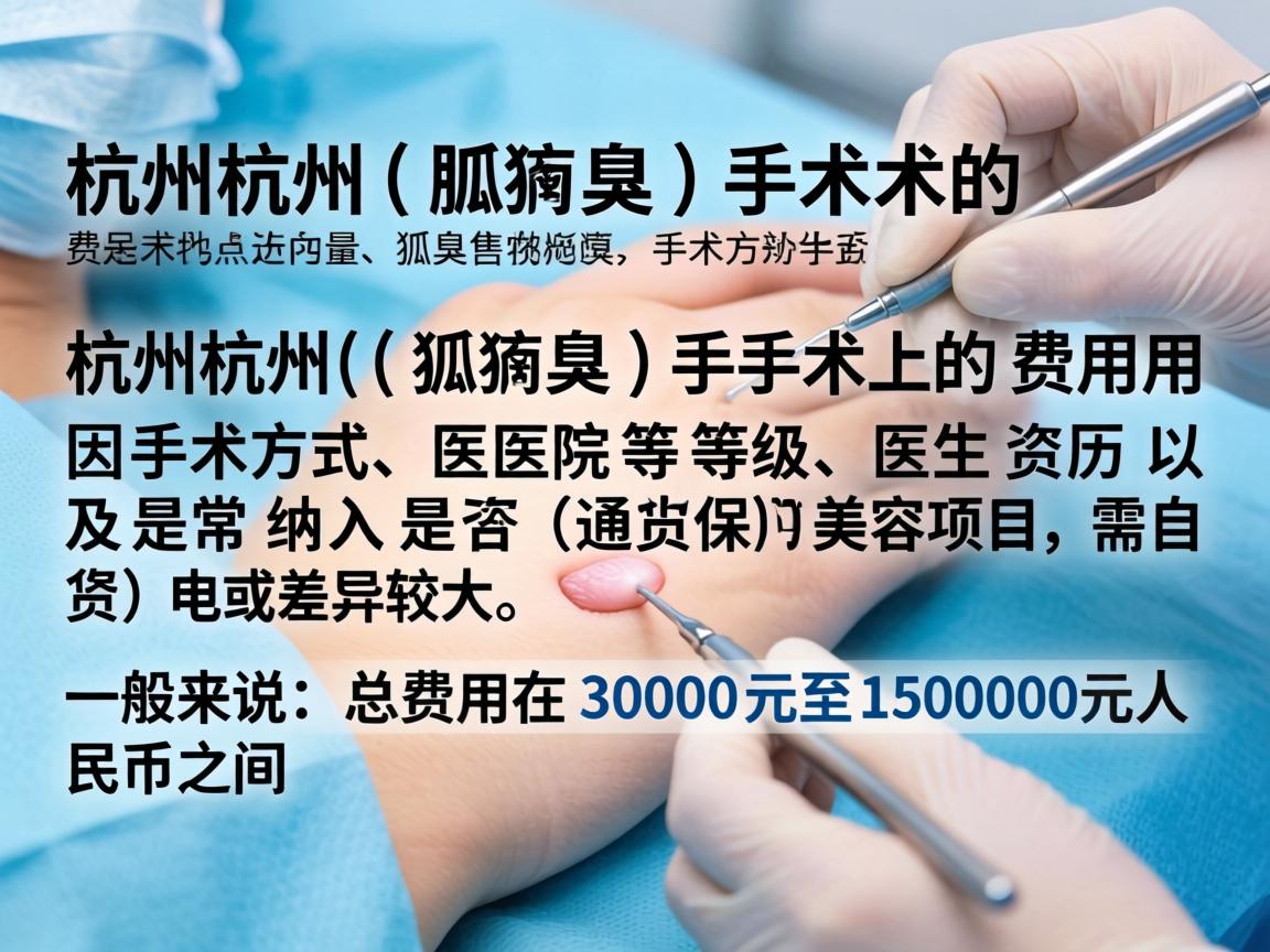 在杭州，狐臭（腋臭）手术的费用因手术方式、医院等级、医生资历以及是否纳入医保（通常为美容项目，需自费）而差异较大。一般来说，总费用在3000元至15000元人民币之间