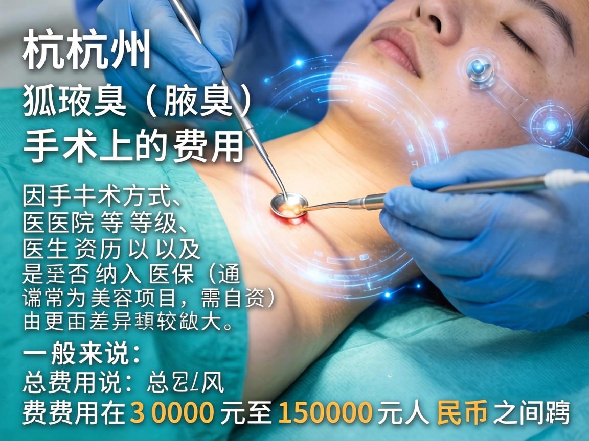 在杭州，狐臭（腋臭）手术的费用因手术方式、医院等级、医生资历以及是否纳入医保（通常为美容项目，需自费）而差异较大。一般来说，总费用在3000元至15000元人民币之间