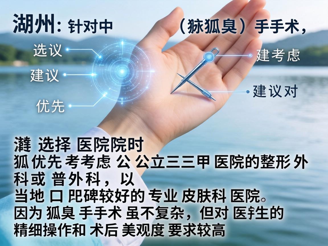 在湖州，针对狐臭（腋臭）手术，选择医院时建议优先考虑公立三甲医院的整形外科或普外科，以及当地口碑较好的专业皮肤科医院。因为狐臭手术虽不复杂，但对医生的精细操作和术后美观度要求较高