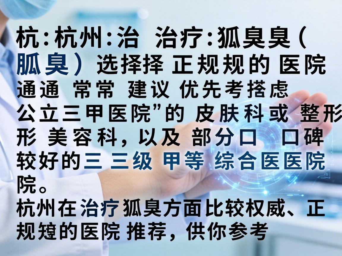 在杭州治疗狐臭（腋臭）选择正规的医院通常建议优先考虑公立三甲医院的皮肤科或整形美容科，以及部分口碑较好的三级甲等综合医院。以下是杭州在治疗狐臭方面比较权威、正规的医院推荐，供你参考