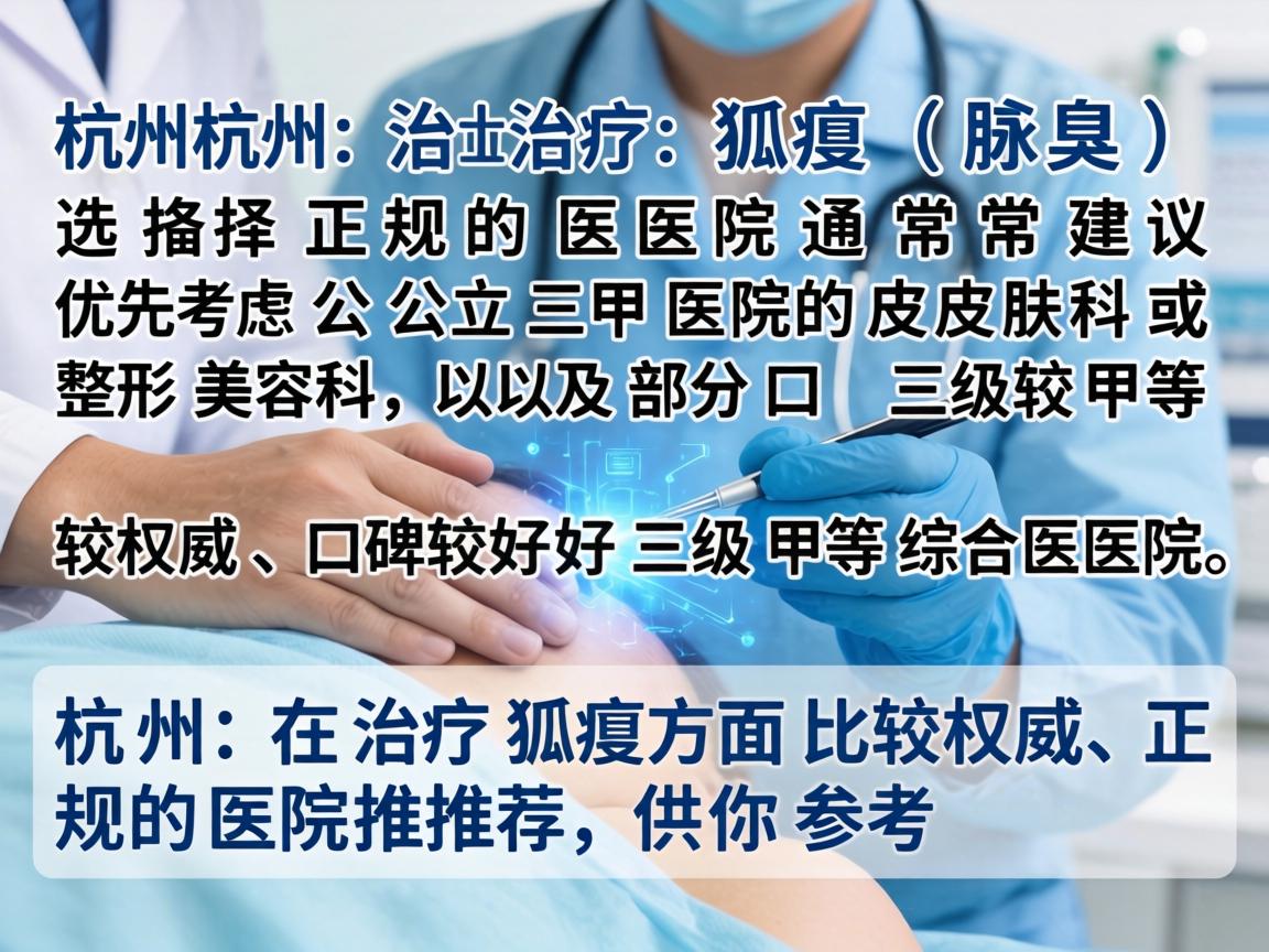 在杭州治疗狐臭（腋臭）选择正规的医院通常建议优先考虑公立三甲医院的皮肤科或整形美容科，以及部分口碑较好的三级甲等综合医院。以下是杭州在治疗狐臭方面比较权威、正规的医院推荐，供你参考