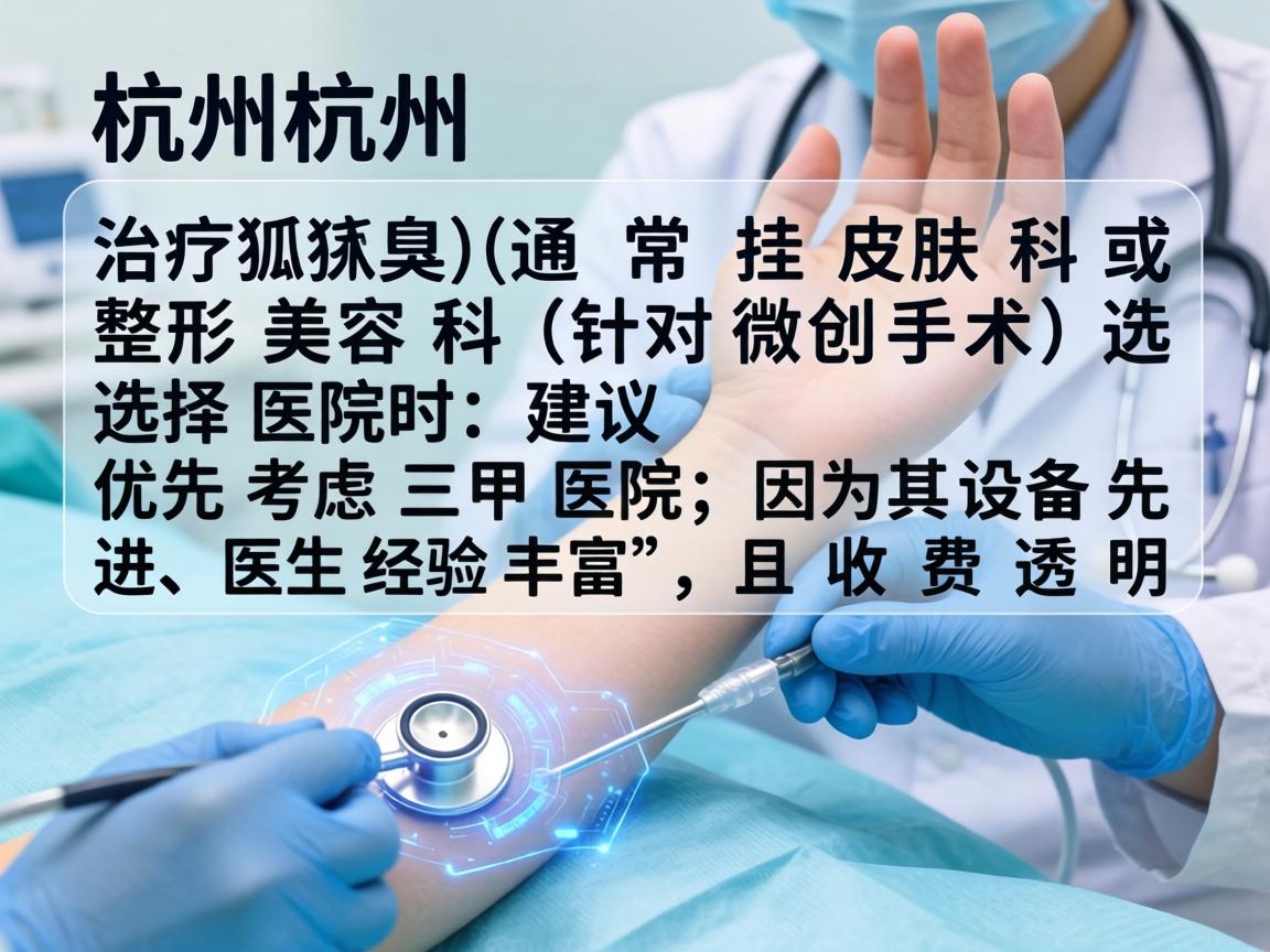 在杭州，治疗腋臭（狐臭）通常挂皮肤科或整形美容科（针对微创手术）选择医院时，建议优先考虑三甲医院，因为其设备先进、医生经验丰富，且收费透明