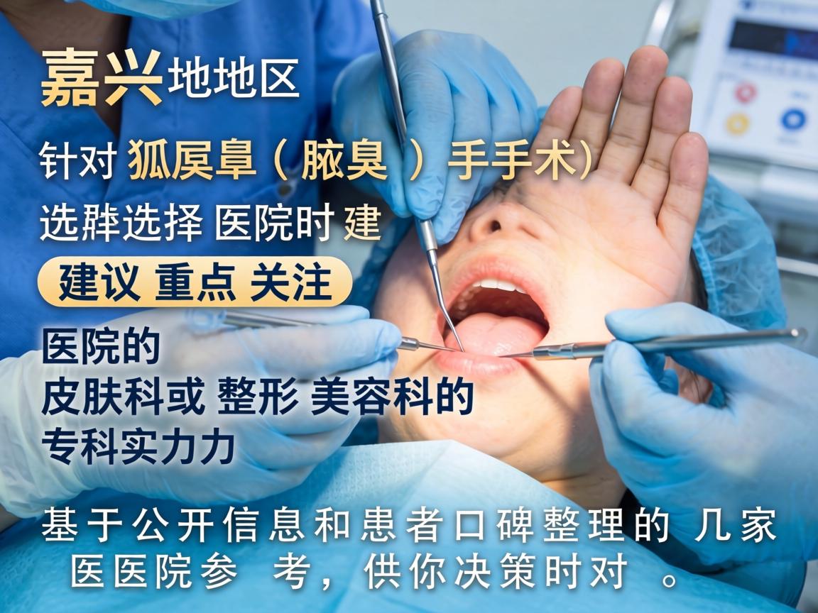 在嘉兴地区，针对狐臭（腋臭）手术，选择医院时建议重点关注医院的皮肤科或整形美容科的专科实力。以下是基于公开信息和患者口碑整理的几家医院参考，供你决策时对比