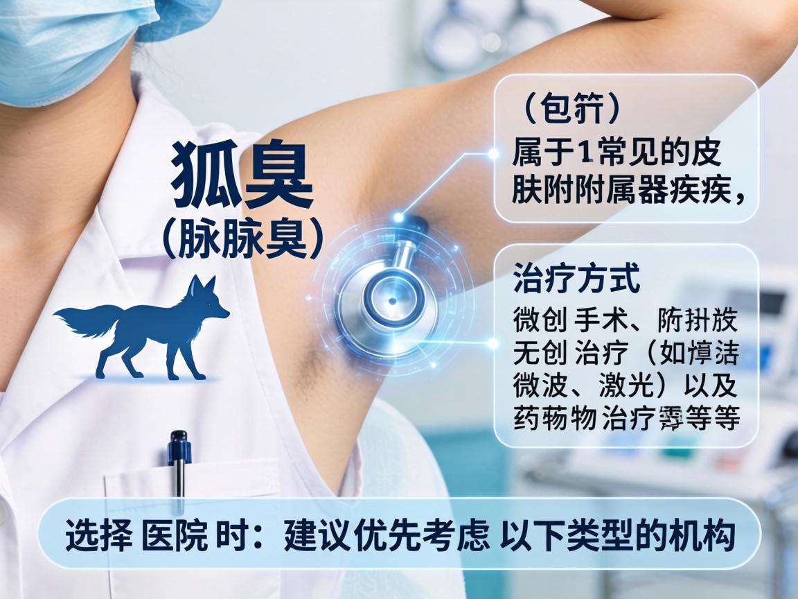 狐臭（腋臭）属于常见的皮肤附属器疾病，治疗方式包括微创手术、无创治疗（如微波、激光）及药物治疗等。选择医院时，建议优先考虑以下类型的机构