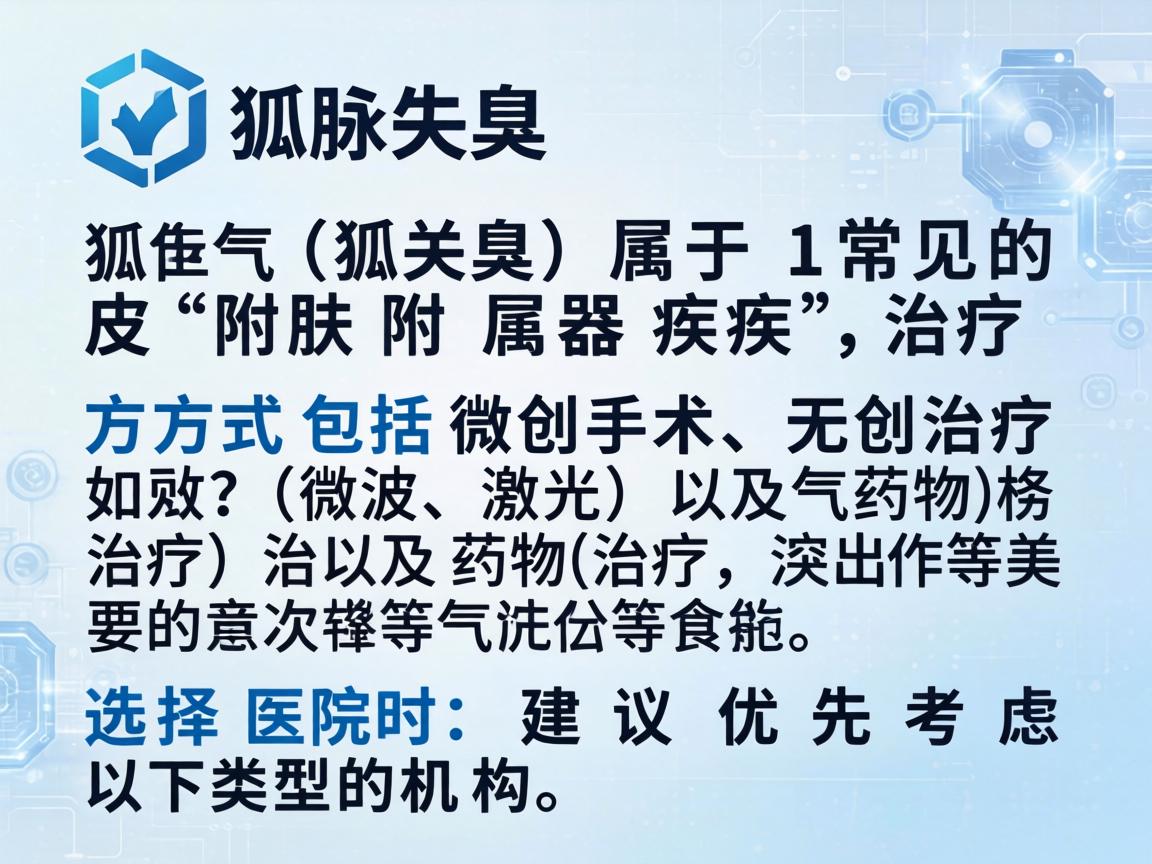 狐臭（腋臭）属于常见的皮肤附属器疾病，治疗方式包括微创手术、无创治疗（如微波、激光）及药物治疗等。选择医院时，建议优先考虑以下类型的机构