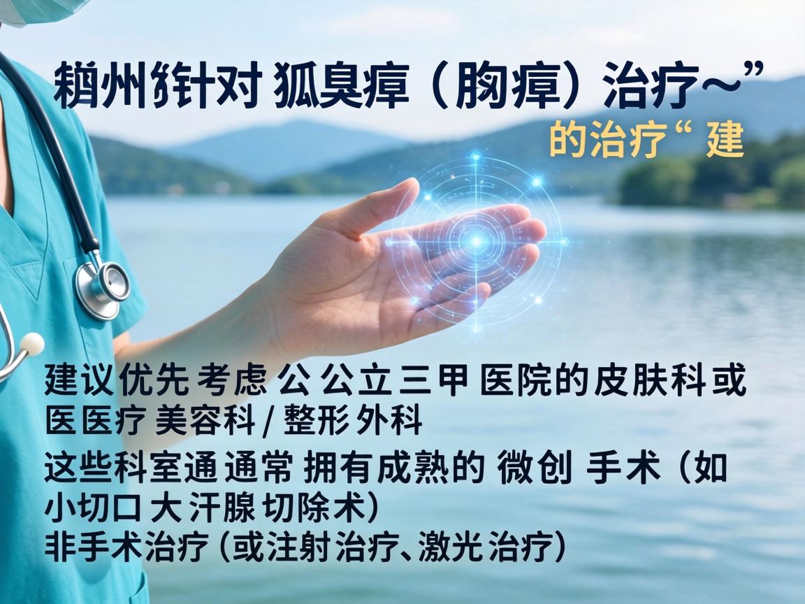 在湖州，针对狐臭（腋臭）的治疗，建议优先考虑公立三甲医院的皮肤科或医疗美容科/整形外科。这些科室通常拥有成熟的微创手术（如小切口大汗腺切除术）或非手术治疗（如注射治疗、激光治疗）