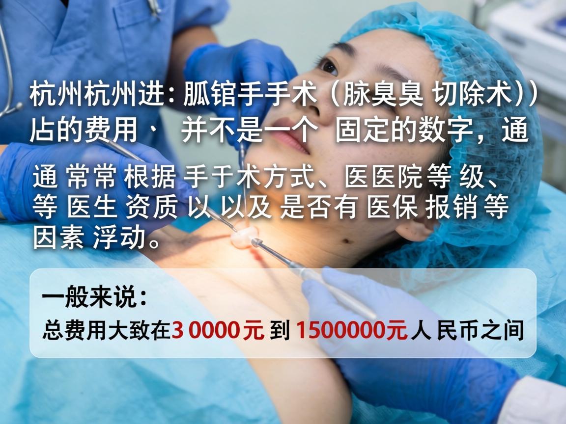 在杭州进行狐臭手术(腋臭切除术)的费用并不是一个固定的数字,通常根据手术方式、医院等级、医生资质以及是否有医保报销等因素浮动。一般来说,总费用大致在3000元到15000元人民币之间 在杭州进行狐臭手术(腋臭切除术)的费用并不是一个固定的数字,通常根据手术方式、医院等级、医生资质以及是否有医保报销等因素浮动。一般来说,总费用大致在3000元到15000元人民币之间