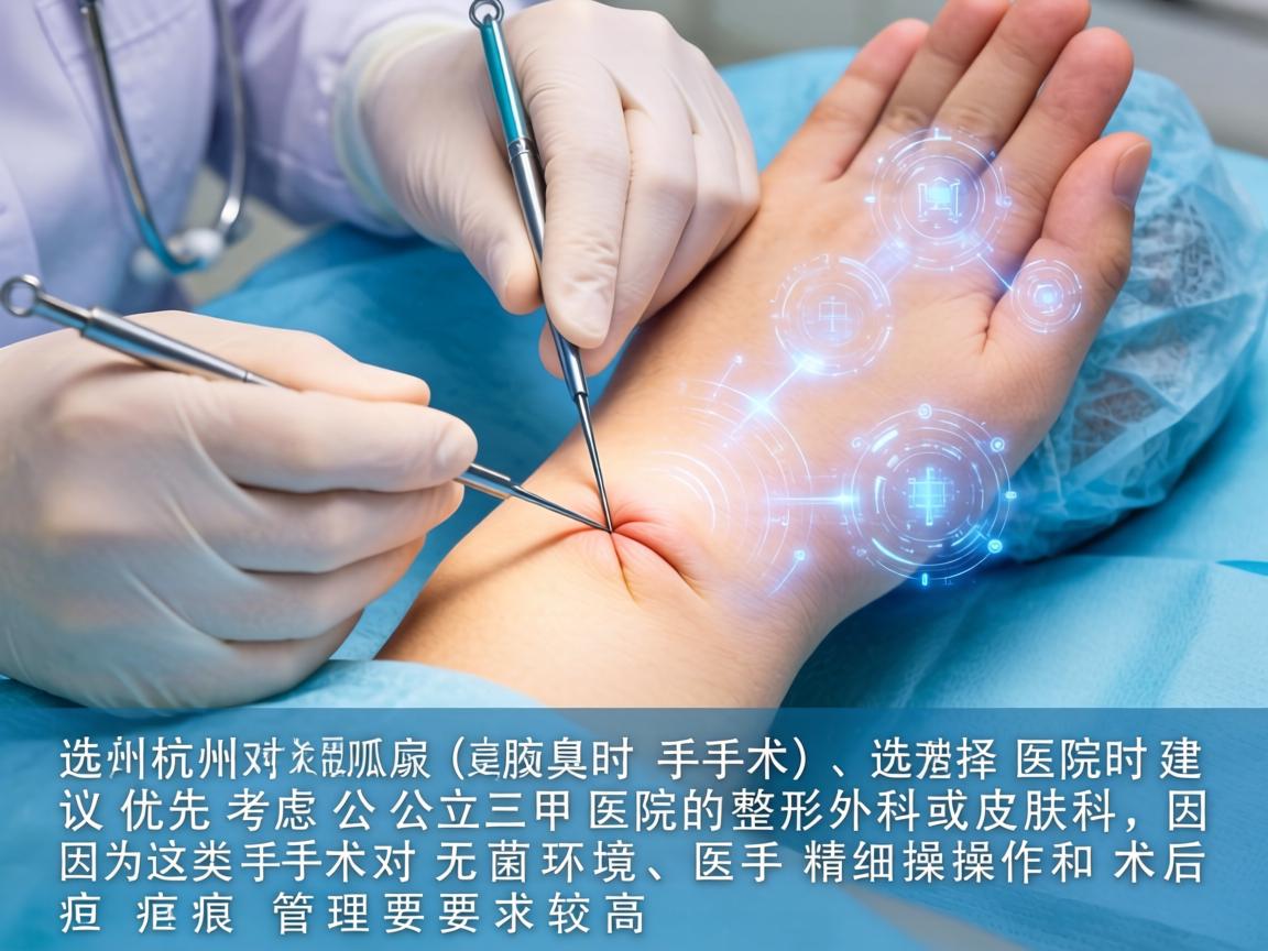 在杭州，针对狐臭（腋臭）手术，选择医院时建议优先考虑公立三甲医院的整形外科或皮肤科，因为这类手术对无菌环境、医生精细操作和术后疤痕管理要求较高