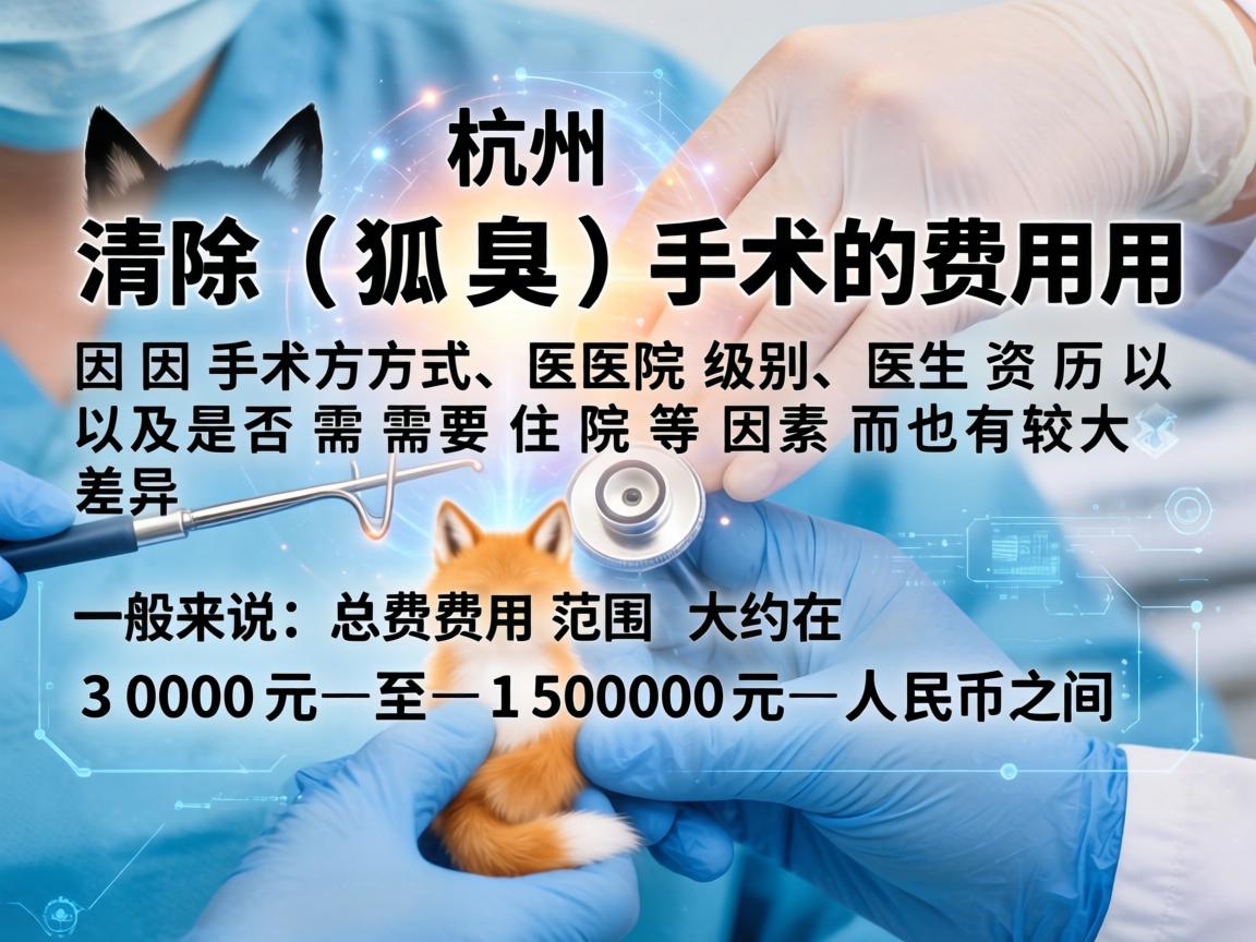 在杭州，清除狐臭（腋臭）手术的费用因手术方式、医院级别、医生资历以及是否需要住院等因素而有较大差异。一般来说，总费用范围大约在 3000元 至 15000元 人民币之间