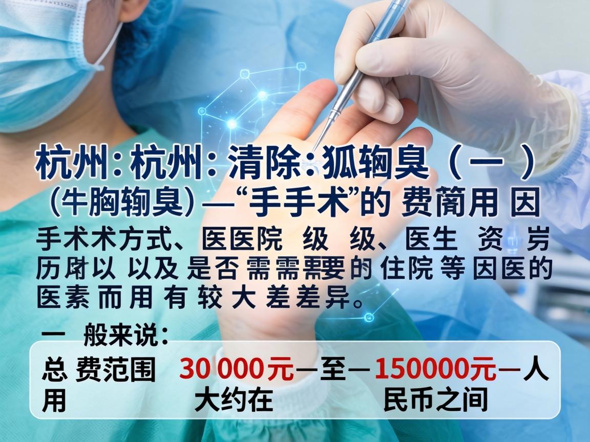在杭州，清除狐臭（腋臭）手术的费用因手术方式、医院级别、医生资历以及是否需要住院等因素而有较大差异。一般来说，总费用范围大约在 3000元 至 15000元 人民币之间