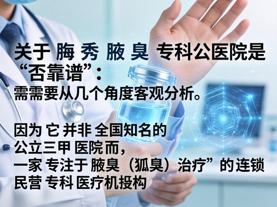 关于腋秀腋臭专科医院是否靠谱，需要从几个角度客观分析，因为它并非全国知名的公立三甲医院，而是一家专注于腋臭（狐臭）治疗的连锁民营专科医疗机构