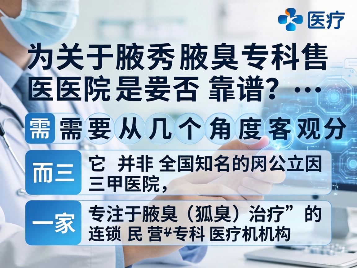 关于腋秀腋臭专科医院是否靠谱，需要从几个角度客观分析，因为它并非全国知名的公立三甲医院，而是一家专注于腋臭（狐臭）治疗的连锁民营专科医疗机构