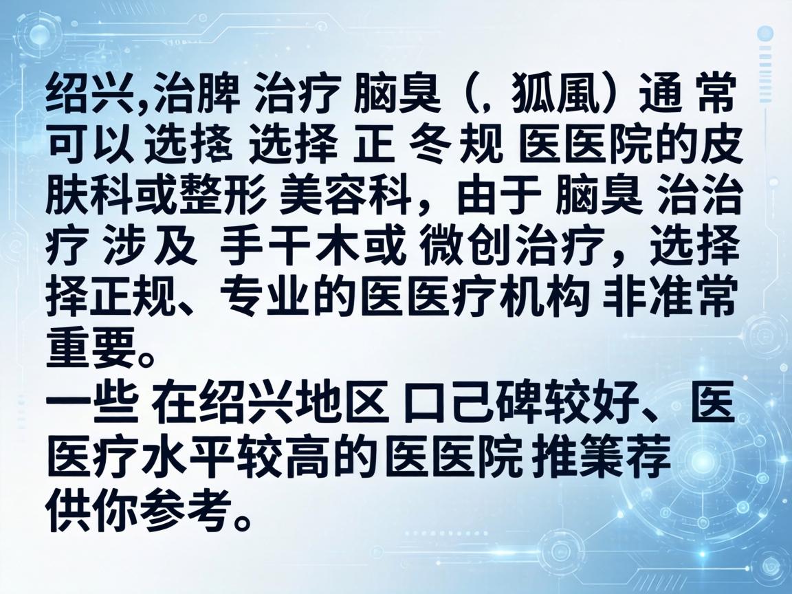 在绍兴，治疗腋臭（狐臭）通常可以选择正规医院的皮肤科或整形美容科。由于腋臭治疗涉及手术或微创治疗，选择正规、专业的医疗机构非常重要。以下是一些在绍兴地区口碑较好、医疗水平较高的医院推荐，供你参考